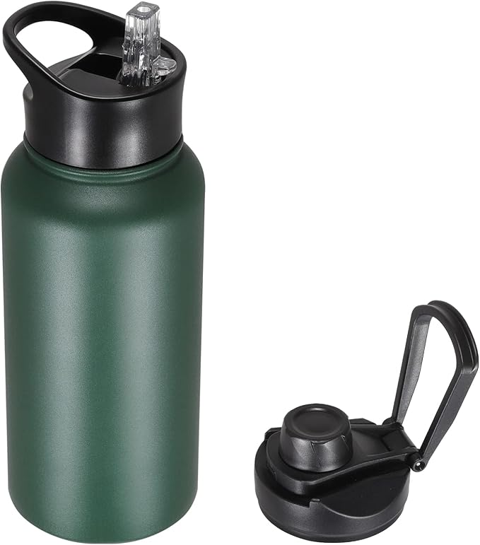 32 oz Insulated Water Bottle with Straw Lid & Wide Mouth Lids, Stainless Steel Sports Water Bottles, Double Walled Vacuum, Leak Proof, Dark Green