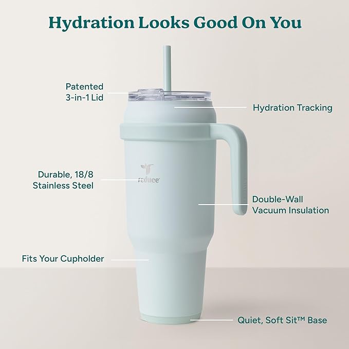 Reduce 50 oz Stainless Steel Tumbler with Handle - Dual-Wall Vacuum Insulated Travel Mug, Sweat-Proof Lid & Reusable Straw - Keeps Drinks Cold for 24 Hrs, Fits Cupholders, Dishwasher Safe - Crisp Mint