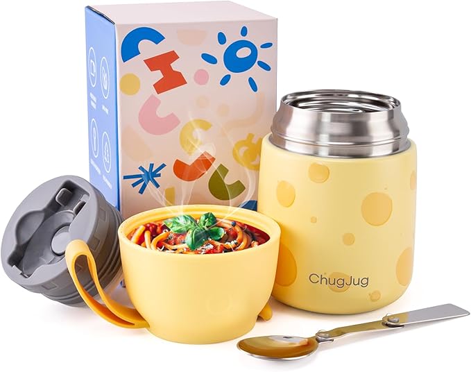 Thermo for Hot Food for Adults Kids | Wide Mouth, 18 oz Insulated Food Jar with Spoon, Leakproof Soup Thermo for School Office Travel, Thermal Steel Lunch Container Easy to Carry (Yellow)