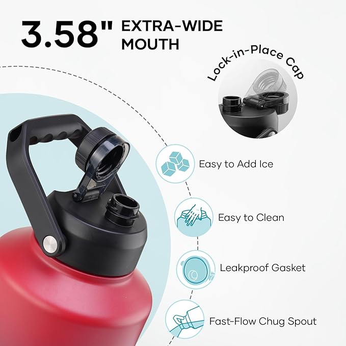 BUZIO One Gallon Water Bottle Insulated, (Cold for 48 Hrs) 128oz Water Jug Large Stainless Steel, 3.58in Big Wide Mouth Leak Proof Metal Flask with Carrying Sleeve for Camping,Gym,Travel, Black Red