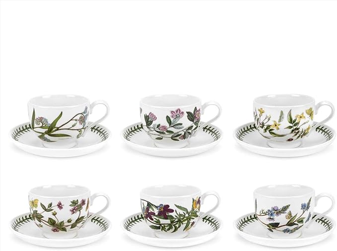 Portmeirion Botanic Garden 10oz Teacup and Saucer - Set of 6 | Assorted Floral Motifs | Fine Earthenware | Chip Resistant Glaze | Dishwasher, Microwave, Freezer, Oven Safe | Made in England