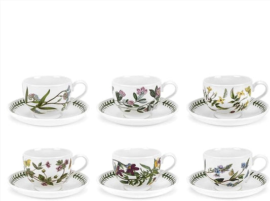 Portmeirion Botanic Garden 10oz Teacup and Saucer - Set of 6 | Assorted Floral Motifs | Fine Earthenware | Chip Resistant Glaze | Dishwasher, Microwave, Freezer, Oven Safe | Made in England