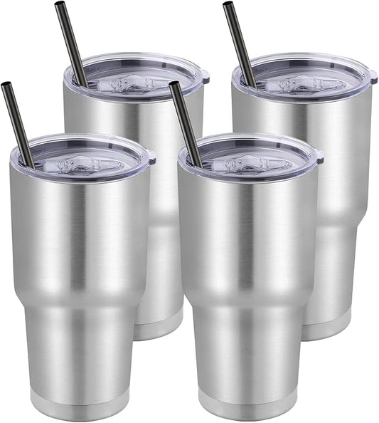 DOMICARE 30 oz Tumbler with Lid and Straw, Stainless Steel Tumblers Bulk, Insulated Vacuum Double Wall Travel Coffee Mug, Durable Powder Coated Tumbler Cups (Stainless Steel, 4)