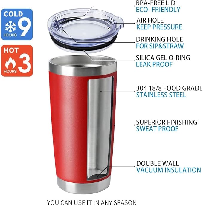 HASLE OUTFITTERS 20oz Tumblers Stainless Steel Mugs with Lid Double Wall Vacuum Insulated Coffee Cups for Cold & Hot Drinks (20oz-Red, 1 Pack)
