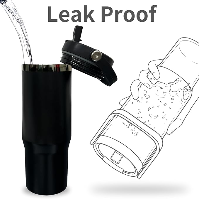 30 oz Tumbler with Handle, Double Wall Vacuum Insulated Tumblers with Flip Straw, Coffee Mug 30oz Powder Coated Cup for Hot and Cold Drinks(Black Plated, Black,4 pack)