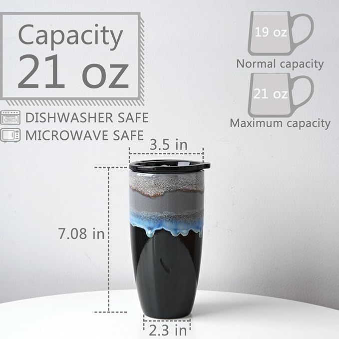 Bosmarlin Ceramic Travel Coffee Mug with Lid, 21 oz, Portable Coffee Cup for Car Cup Holder, Microwave and Dishwasher Safe, Reactive Glaze