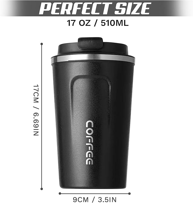 Travel coffee mugs leak-proof, reusable coffee cups with lids, stainless steel vacuum thermos coffee tumblers,thermal insulation cups for men and women hot & cold drinks(2nd-Black, 17OZ)