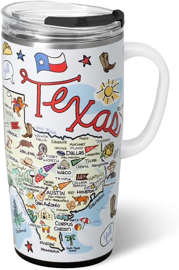 Swig Life 22oz Travel Mug, Insulated Tumbler with Handle and Lid, Travel Coffee Mug, Cup Holder Friendly, Stainless Steel 22 oz Tumbler, Reusable Insulated with Lid (Texas)