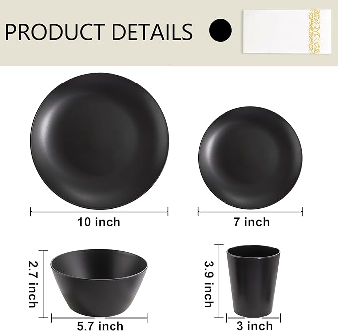 Supernal 32pcs Black Wheat Straw Dinnerware Sets with 25pcs Linen Napkins,Plates and Bowls Sets for 8,Black Plastic Dinnerware Sets, Microwave Dishwasher Safe Plates, Dishes Set for 8