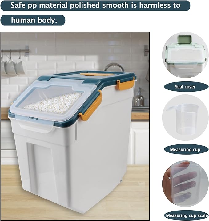 AnRui Large Flour Storage Containers 25Lbs Airtight Rice Storage Container BPA Free Kitchen Pantry Food Storage Bin Sugar Snack Cereal Grain Organizer Box with Wheel, Scoop, 4Pack, Blue