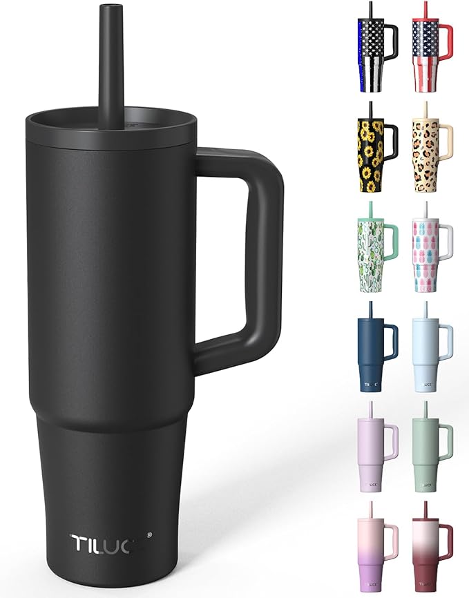 TILUCK 30 oz Tumbler with Handle, Vacuum Insulated Stainless Steel Travel Mug with 100% Leak-Proof Silicone Straw Lid, Cupholder Friendly Water Bottle(MidnightBlack, 30oz)