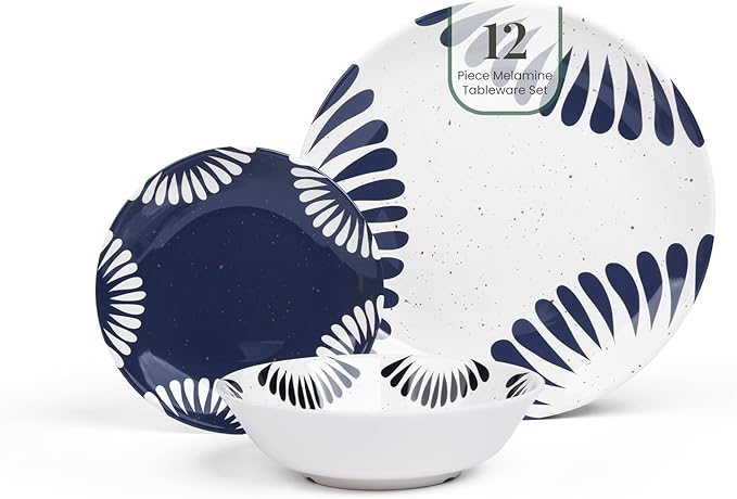 Larder & Vine 12-Piece Melamine Dinnerware Set: Durable, Lightweight, Break-Resistant Plates & Bowls – Stylish, Non-Toxic, Dishwasher Safe – Ideal for Everyday Use, Indoor & Outdoor Dining – Nautical