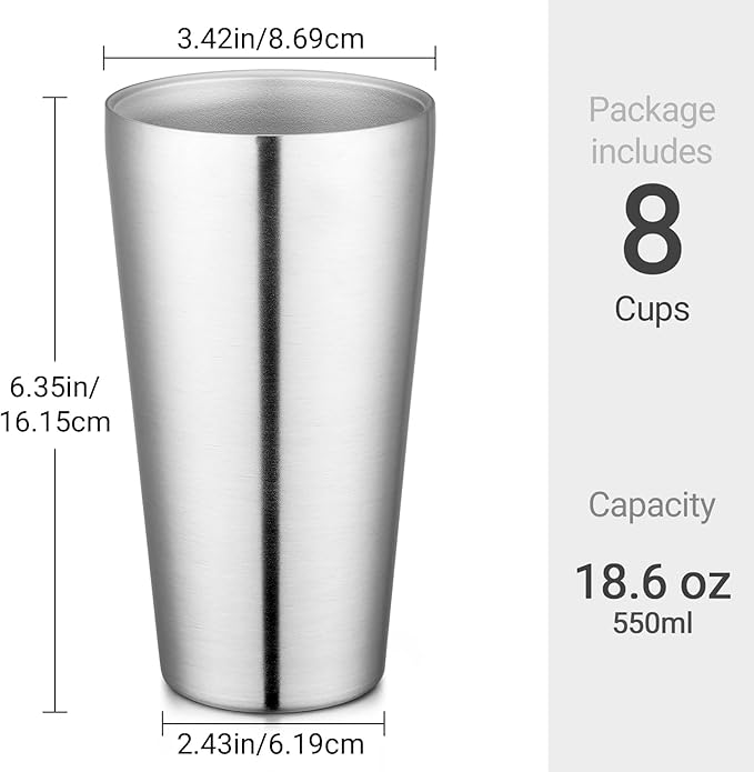 Beasea Stainless Steel Cups 19 oz, 8 Pack Large 18.6oz 550ml Stainless Steel Water Drinking Tumbler Stackable Double Wall Insulated Metal Pint Glasses Tin Cups for Home Party Camping