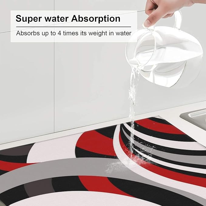 Red Black White and Grey Swirl Microfiber Dish Drying Mats, Absorbent Modern Decorative Kitchen Counter Mat, 16 x 18 inch, Polyester, Washable, Reusable, Foldable, for Dishes Utensils Small Appliances