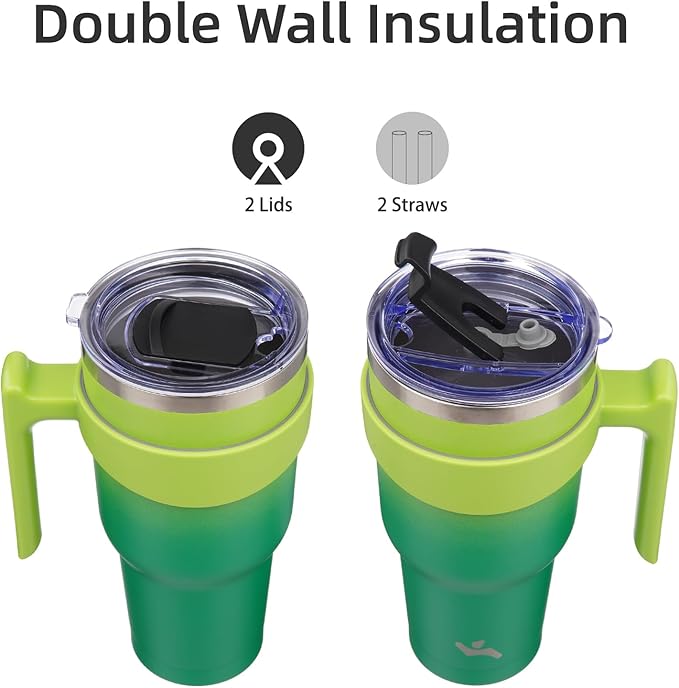 30 oz Tumbler with Handle and 2 Straw 2 Lid, Insulated Water Bottle Stainless Steel Vacuum Cup Reusable Travel Mug,Matcha Green