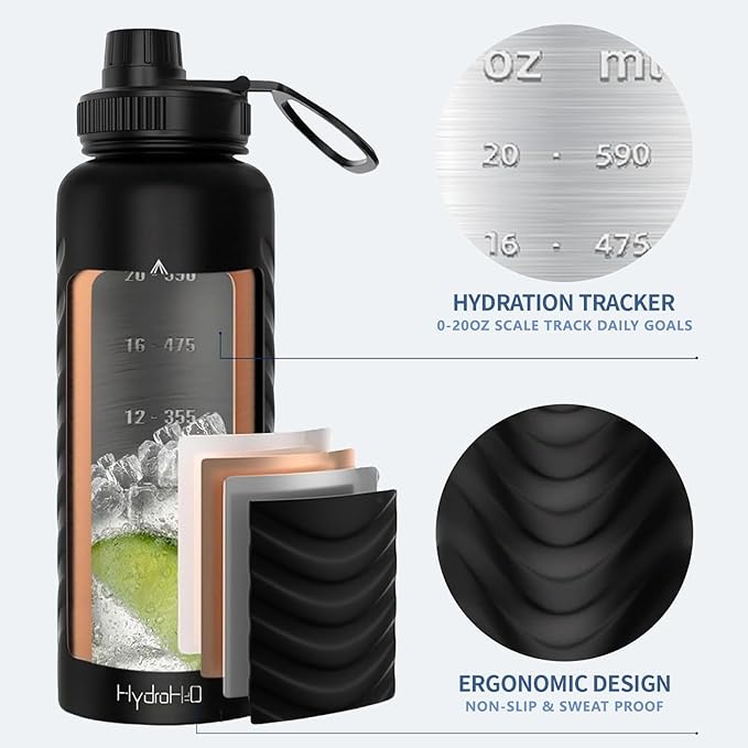 24oz Stainless Steel Insulated Water Bottle, 48H Cold & 24H Hot, Leak-Proof Wide Mouth Lids (Straw & Spout), BPA-Free Bottles, Mens Water Bottle for Gym, Hiking, Travel - Black