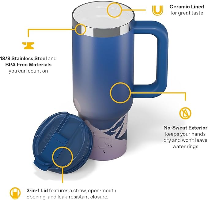 RTIC 30 oz Road Trip Tumbler Double-Walled Ceramic Lined InsulatedStainless Steel Portable Travel Coffee Mug Cup with Lid, Handle and Straw, Snowy Peak