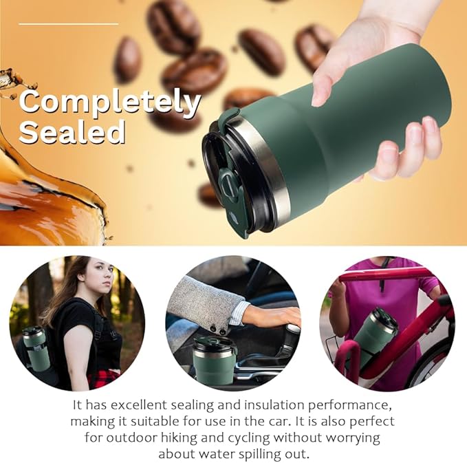 Travel coffee mugs leak-proof, reusable coffee cups with lids, stainless steel vacuum thermos coffe tumblers,thermal insulation cups for men and women hot & cold drinks (4th-Green, 16OZ)