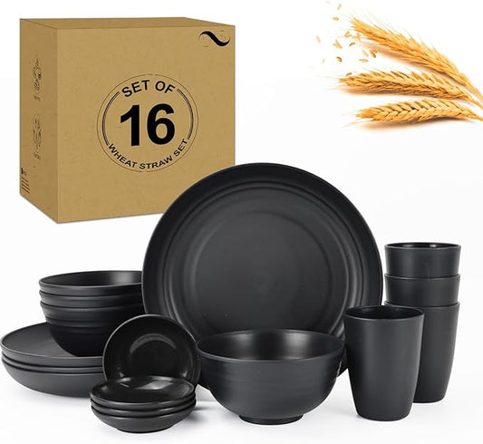 Wheat Straw Dishes Set 16 PCS, Service for 4,Unbreakable and Ruseable Plastic Dinnerware Sets,Dishwasher & Microwave Safe Plates Set for Kitchen,Camping,Dorm,Dessert Plates, Drinking Glasses（Black）
