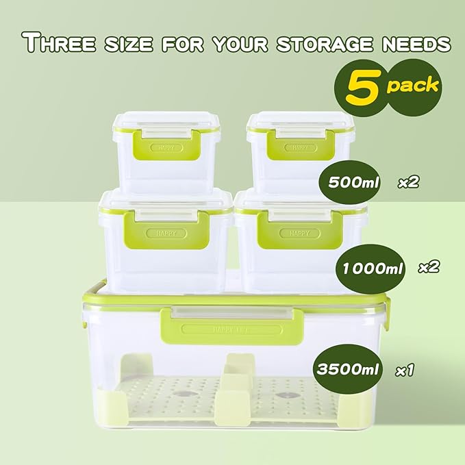 5 Pcs BPA-Free Fridge Containers with Lids - Leakproof - Increase Capacity and Stacked Design for Storage Clear for Food, Fruit, Vegetable