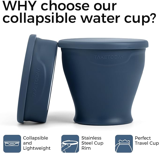 TakeToday Collapsible Travel Cup - Silicone Foldable Water Cup, BPA-Free with Lid & Waterproof Bag - Drinking Cup Set for Camping, Outdoors & International Travel（8 Oz, Navy）