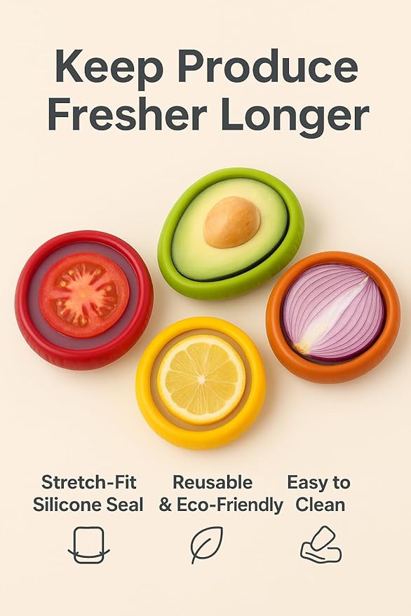 Set of 4 Reusable Fresh Pods – Anti-Oxidation Silicone Food Savers for Avocado, Onion, Tomato, Lemon & Garlic | BPA-Free Airtight Vegetable & Fruit Storage Containers for Fridge