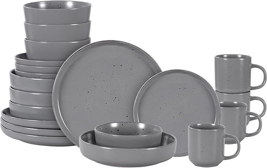 HomeVss, Nordic Shape Rising Rim Stoneware 20pc Dinnerware Set, Matte Grey with Speckle Finished Effect