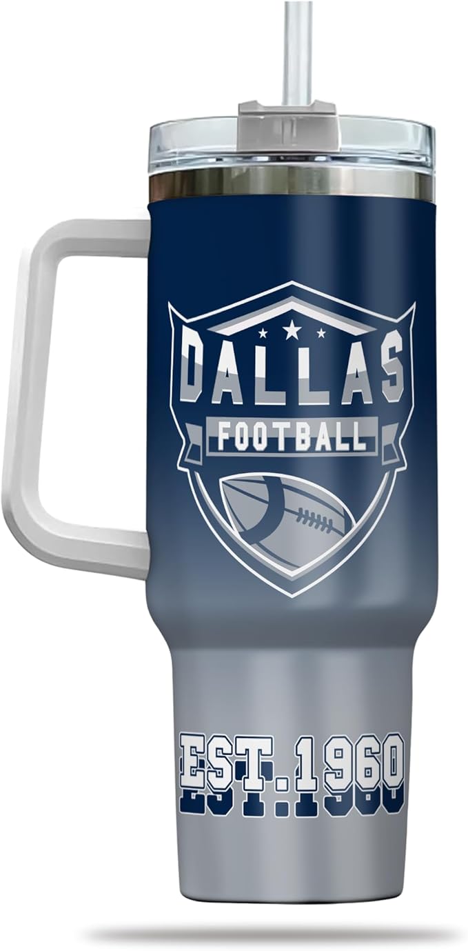 Custom Insulated 40oz Football Travel Cup with Handle & Straw, Stainless Steel Personalized Tumbler, Name & Number Mug, Sports Fan Gift for Men Women (Dallas)