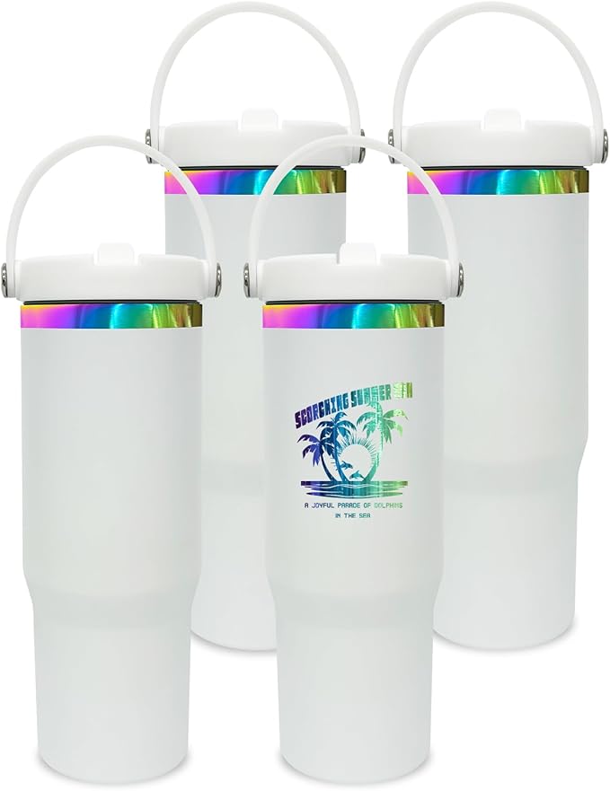 30 oz Tumbler Bulk with Handle and Straw, Vacuum Insulated Tumblers with Flip Straw and Top Handle, Leakproof Powder Coated Tumbler, Stainless Steel Travel Mug for Coffee Water (White, 4 Pack)