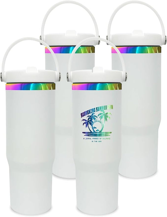 30 oz Tumbler Bulk with Handle and Straw, Vacuum Insulated Tumblers with Flip Straw and Top Handle, Leakproof Powder Coated Tumbler, Stainless Steel Travel Mug for Coffee Water (White, 4 Pack)