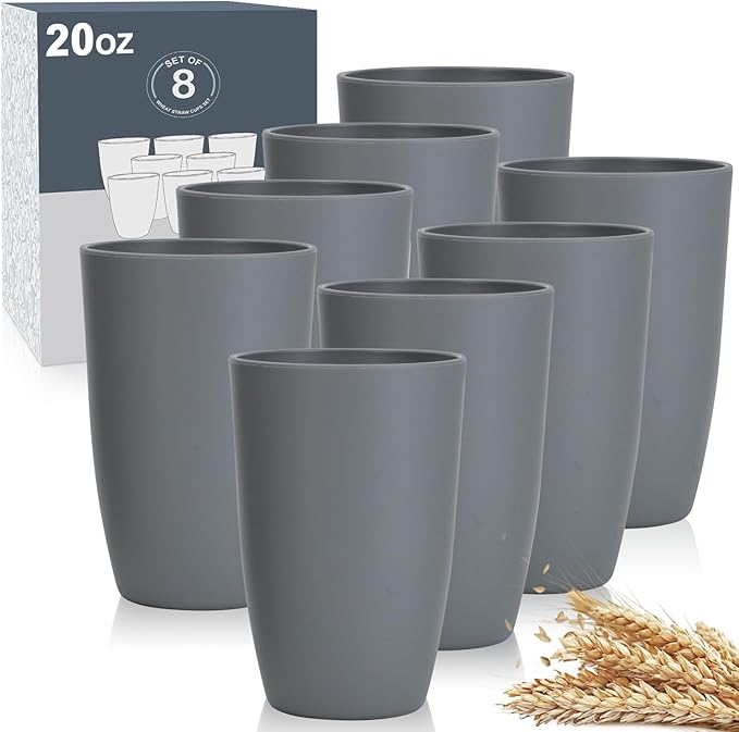 Wheat Straw Cups 8 PCS Good Alternative to Plastic Reusable Cups 20 oz Unbreakable Drinking Cup Reusable Dishwasher Safe Water Plastic Glasses Gray