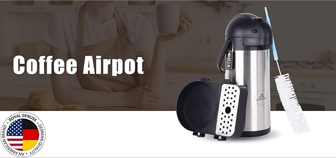 Airpot Coffee Dispenser 102 oz (3L) with Pump, Drip Tray and Cleaning Brush - Stainless Steel Insulated Carafe - 24 Hour Heat Retention - 36 Hour Cold Retention - 2 Gifts are included