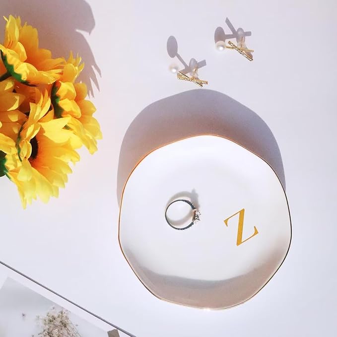 Ceramic Jewelry Tray Initial Ring Dish Personalized L-Monogrammed Engagement Wedding Gifts, for Birthday Mother's Day Christmas for Women, Ceramic White 4.75" (Z)