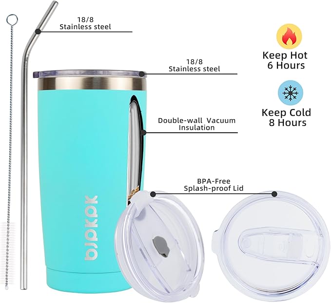 BJPKPK 20 oz Tumbler With Lid And Straw Stainless Steel Ice Coffee Tumblers Vacuum Insulated Travel Thermal Cup,Turquoise