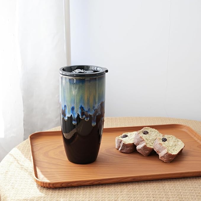 Bosmarlin Ceramic Travel Coffee Mug with Lid, 21 oz, Portable Coffee Cup for Car Cup Holder, Microwave and Dishwasher Safe, Reactive Glaze