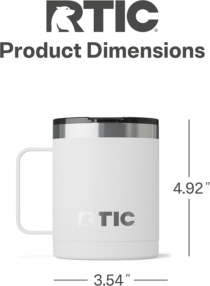 RTIC 12oz Essential Coffee Mug with Lid and Handle, Insulated, Ceramic Lined, Stainless Steel, Metal, Double Wall Vacuum-Insulation, Portable, Travel Cup for Hot and Cold Drink, White