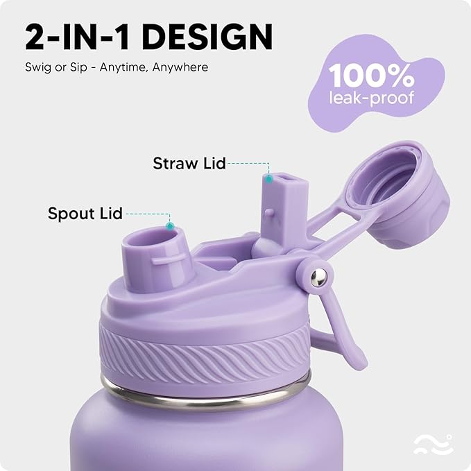 [2-IN-1 LID] Insulated Water Bottle with Silicone Boot (36hrs Cold/18hrs Hot) - DIY Stickers, Leakproof, BPA Free, 32 oz