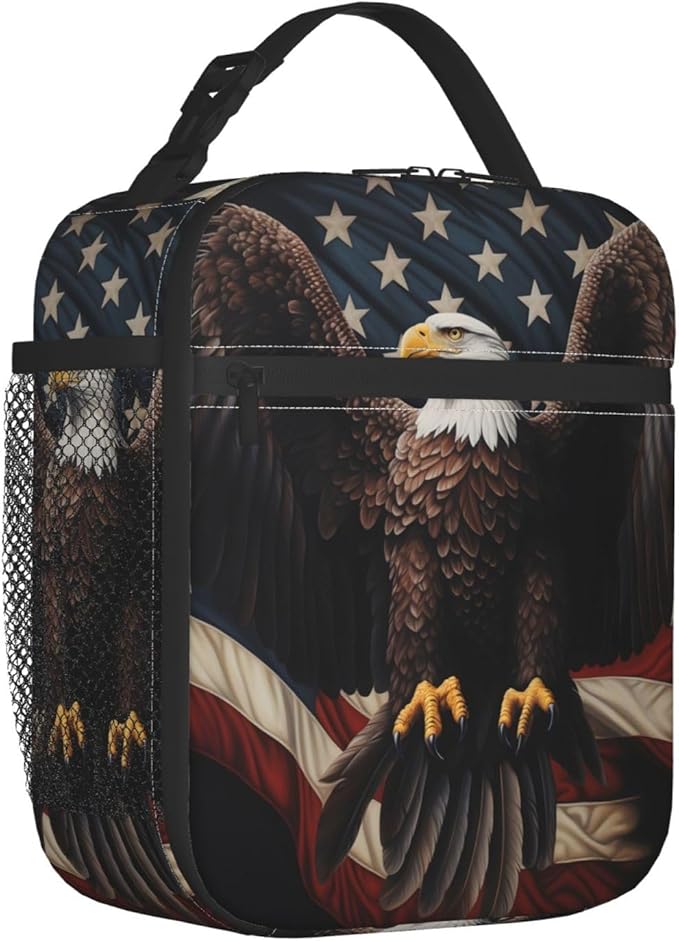 Reusable Patriotic Eagle Lunch Box for Kids, Insulated American Flag Bag,Polyester Cooler Big Bird Lovers Handbags Case for School Picnic Work Travel Beach or Hiking, Gifts