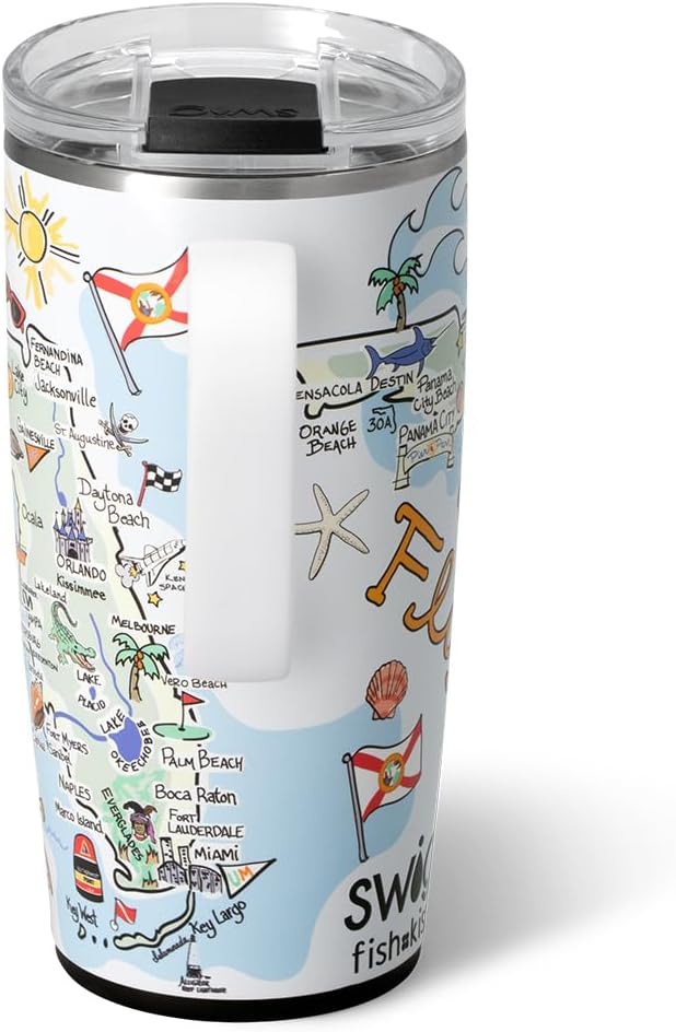 Swig Life 22oz Travel Mug, Insulated Tumbler with Handle and Lid, Travel Coffee Mug, Cup Holder Friendly, Stainless Steel 22 oz Tumbler, Reusable Insulated with Lid (Florida)