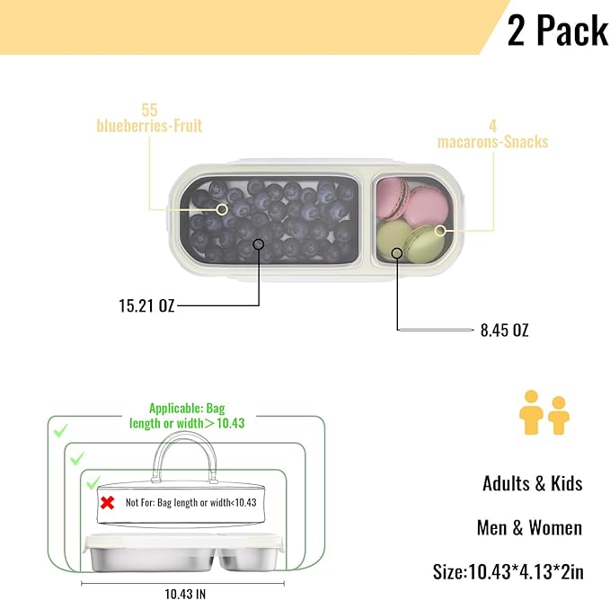 Stainless Steel Snack Containers for Kids Adults, 2 Pack 2 Compartment Metal Snack Containers Box with Lid, Reusable Food Storage Container, Leak Proof, Grab and Go