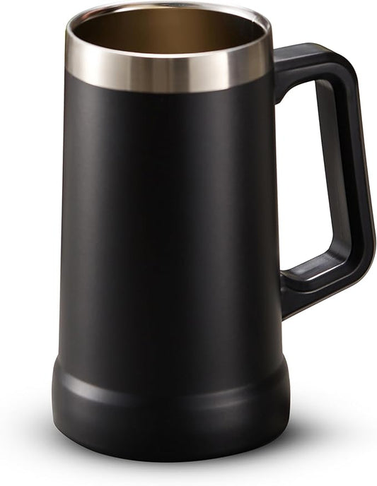 KooK Beer Stein, Stainless Steel Coffee Mug, Tumbler with Thermal Vacuum Insulation, Big Grip, Adventure, Double Walled Drinking Cup, Large Handle, Shatterproof, Black, 24 oz