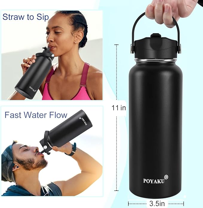 Water Bottle Insulated 32oz 40oz 64oz 128oz Straw Lid Spout Lid & 3 Lids, Leak Proof, Vacuum Insulated,Stainless Steel Water Bottle Wide Mouth for Sports, Gym or Office