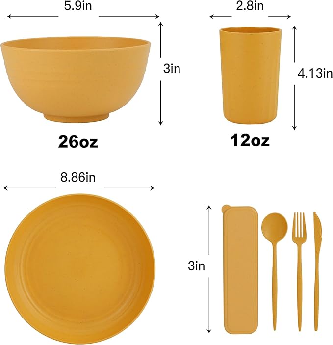 28-Piece Wheat Straw Dinnerware Sets, Microwave & Dishwasher Safe Unbreakable Dinnerware Set, Reusable Dishware Sets, Lightweight Camping Dishes, Plates, Cups, Cereal Bowls for 4(Yellow Orange)