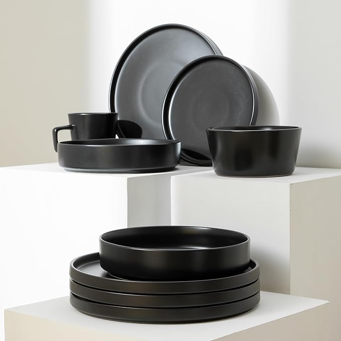Stone Lain Coupe Dinnerware Set,16 Piece, Service For 4, Black Matte & Celina Stoneware 4-Piece Round Pasta Bowl Set, Black,4 QUARTS