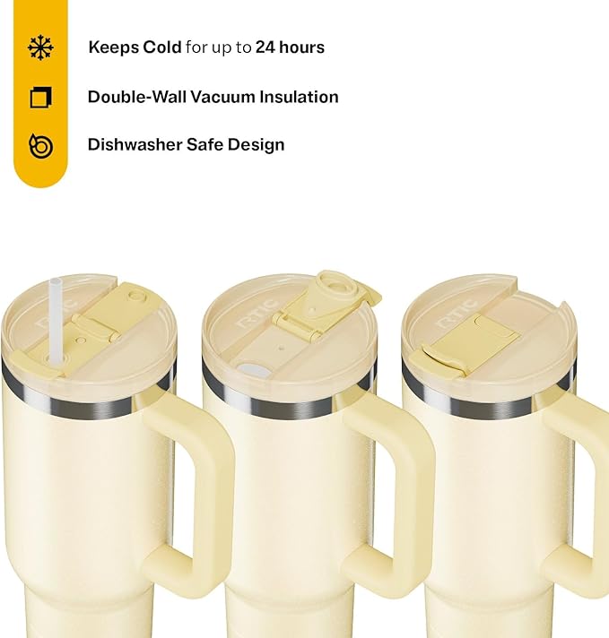 RTIC 40 oz Road Trip Tumbler Double-Walled Cermaic Lined Insulated Stainless Steel Portable Travel Coffee Mug Cup with Lid, Handle and Straw, Sunlight Glitter