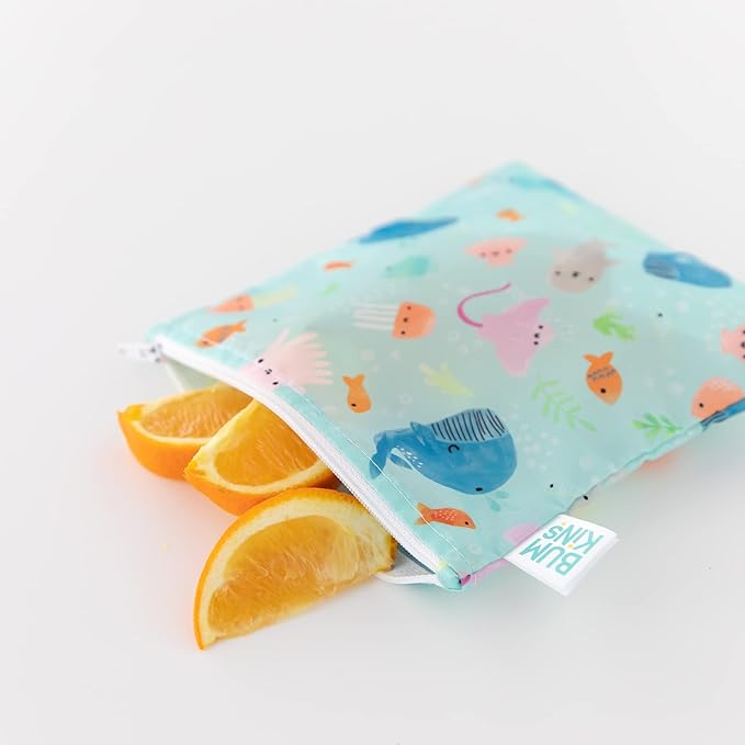 Bumkins Reusable Sandwich and Snack Bags, for Kids School Lunch and for Adults Portion, Washable Fabric, Waterproof Cloth Zip Bag, Travel Pouch, Food-Safe Storage, Large 2-pk Blue Ocean Life