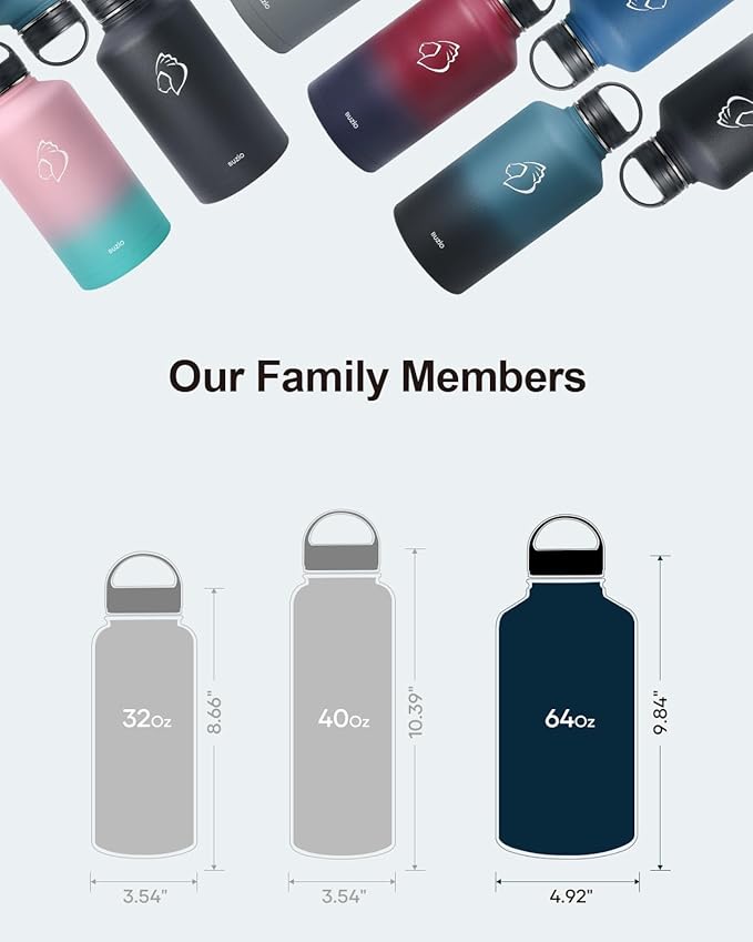 BUZIO 64 oz Water Bottle Insulated with Straw & 3 lid and Carrying Pouch, Leak Proof Half Gallon Stainless Steel Water Flask Jug, Cold for 48 Hrs Double Vacuum Thermo Canteen, BPA-Free, Bubble Gum