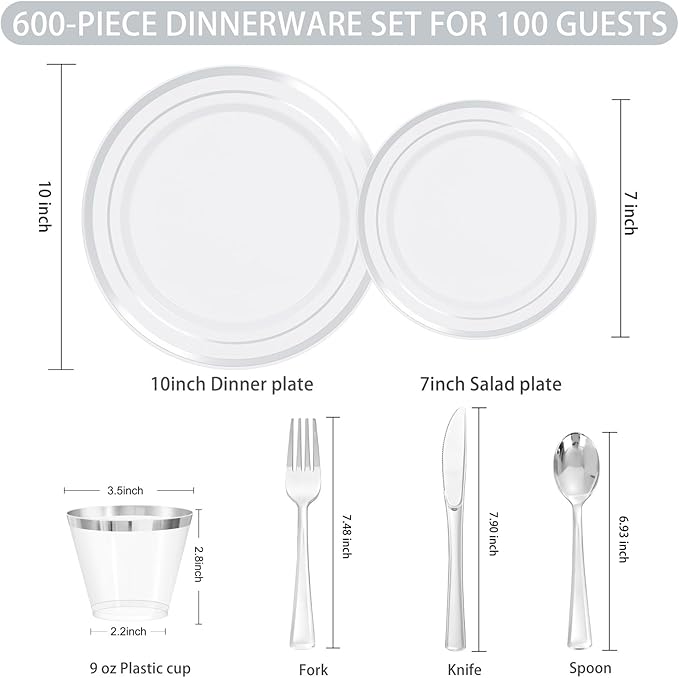 WELLIFE 600 PCS Silver Disposable Dinnerware Set for 100 Guests, Wedding Plates Silver Plastic Plates for Party, 100 Each-Dinner & Salad Plates, Cups, Forks Knives Spoons for Wedding and Anniversary