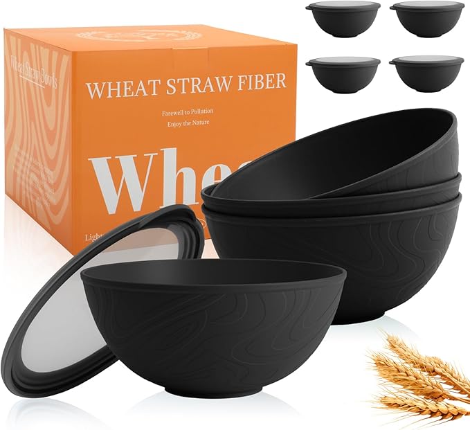 40 OZ Unbreakable Cereal Bowls with Lids, Wheat Straw Bowls Set of 4 with Unique Pattern, Reusable Plastic Bowl for Cereal, Soup, Salad and Ramen, Indoor & Outdoor Essentials, Black