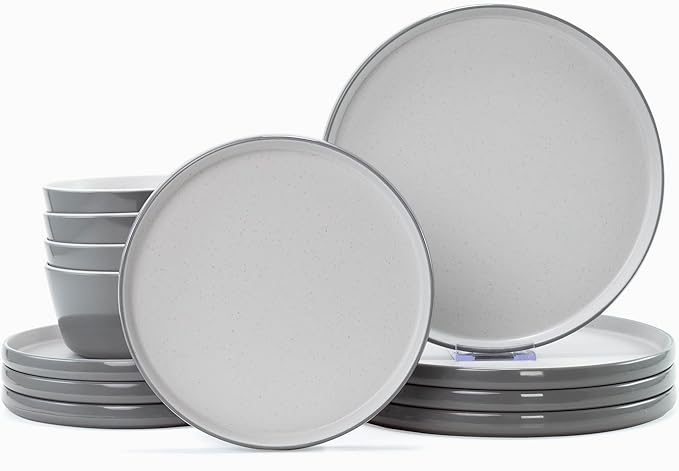 Melamine Dinnerware Sets, Dishware Sets for 4, 12 Pcs Plate and Bowl Set with Lipped Edges, Lightweight Dish Set for Camping,Dishwasher Safe,Good for Housewarming(Light Grey,White)